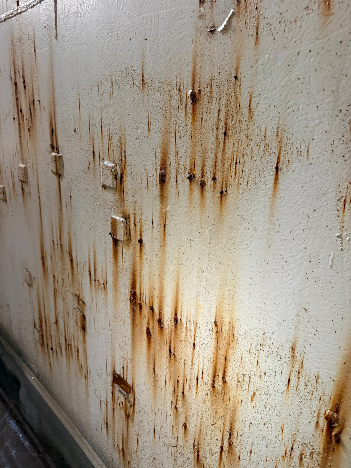 Interior wall of a GFS bolted steel tank showing rust bleeding from bolt fixings down a white-painted surface