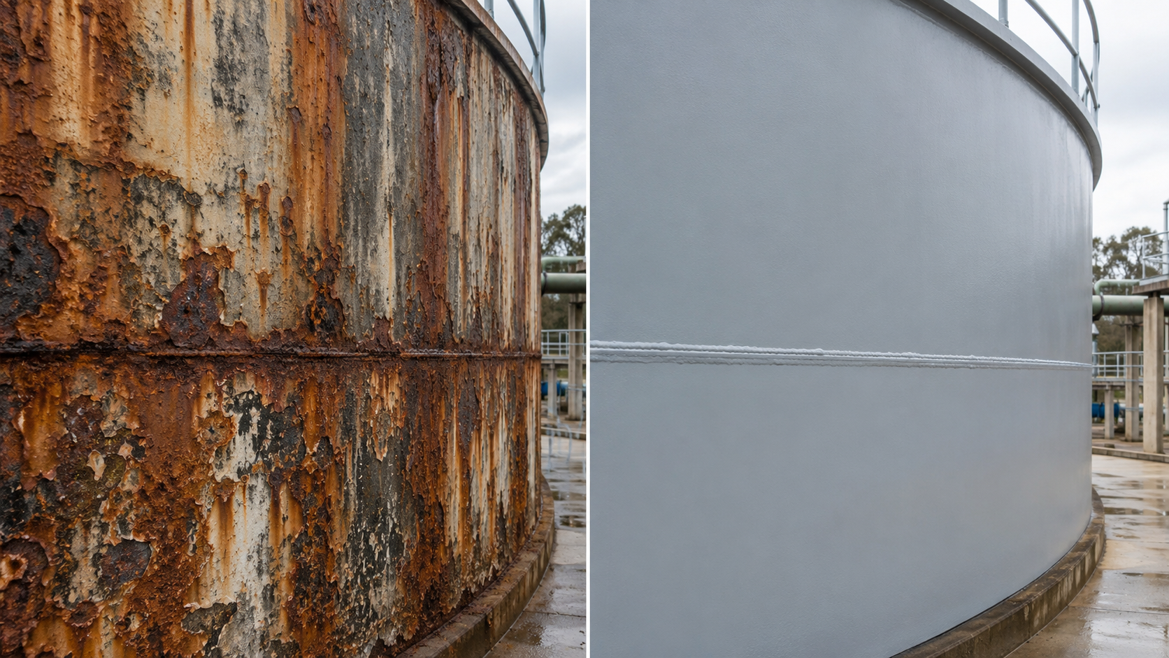 Corroded steel tank wall versus freshly epoxy-coated wall comparison