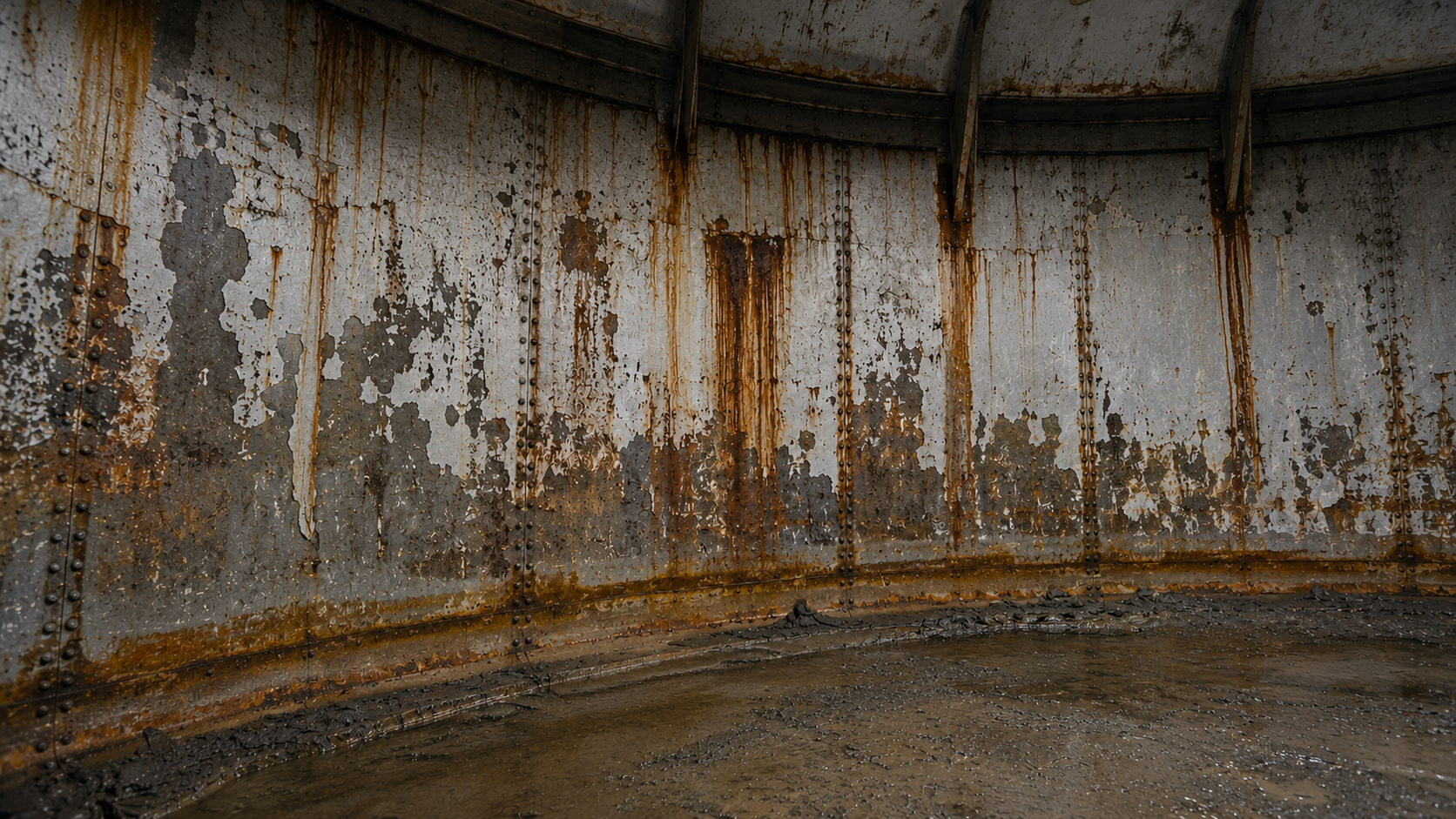 Corroded fire tank internal — common failure mode requiring remediation