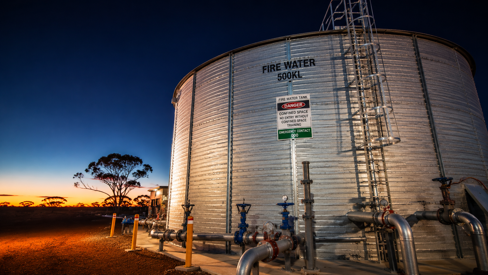 Fire water storage tank exterior at industrial facility