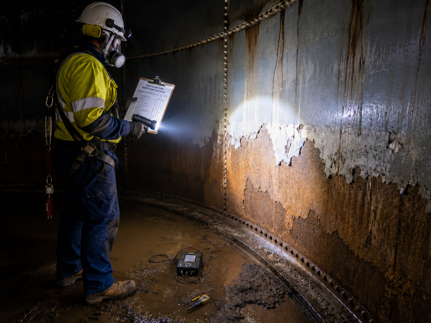 Internal inspection of fire water storage tank showing coating condition