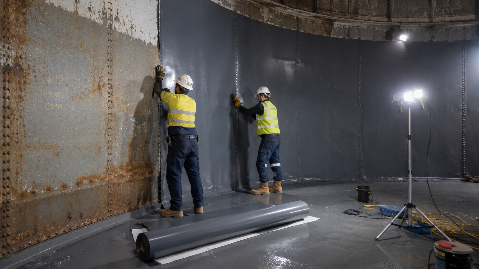 RPVC liner installation inside a fire water storage tank