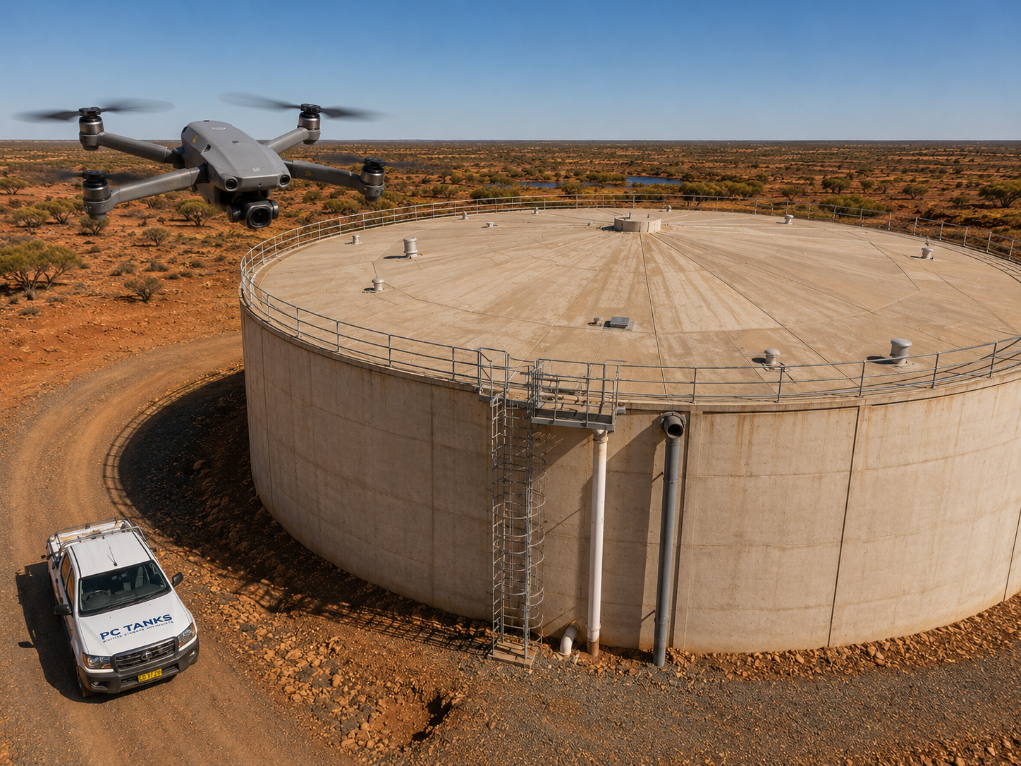 Drone conducting external inspection of remote water storage tank