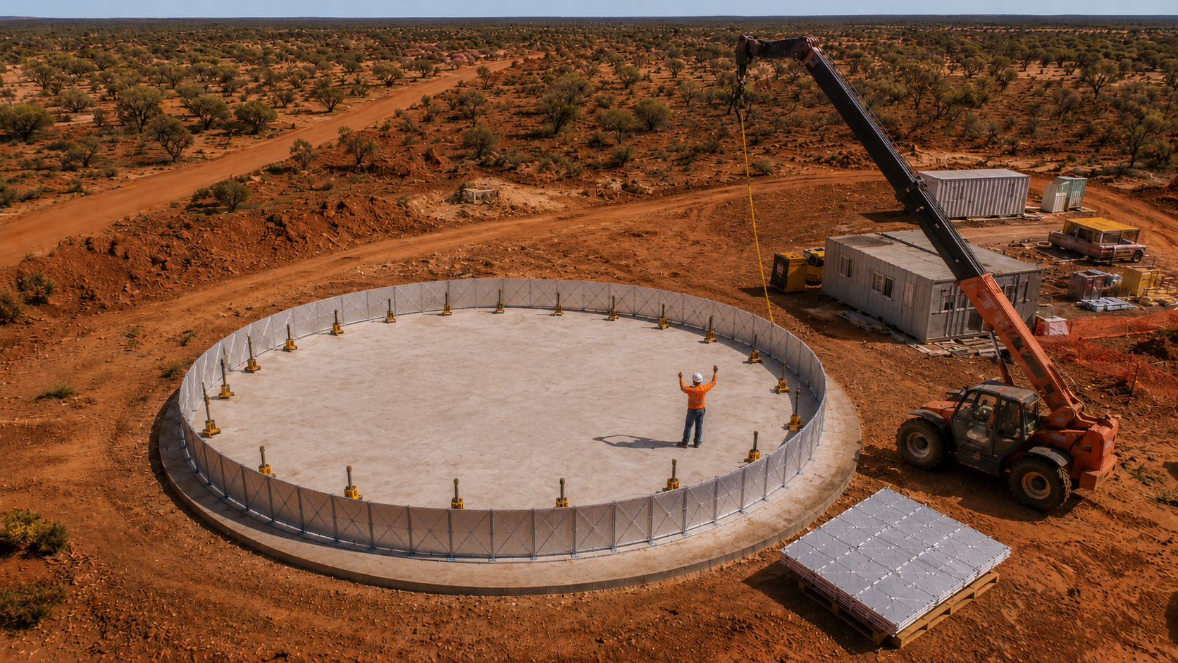 Aerial view of modular water storage installation at remote site
