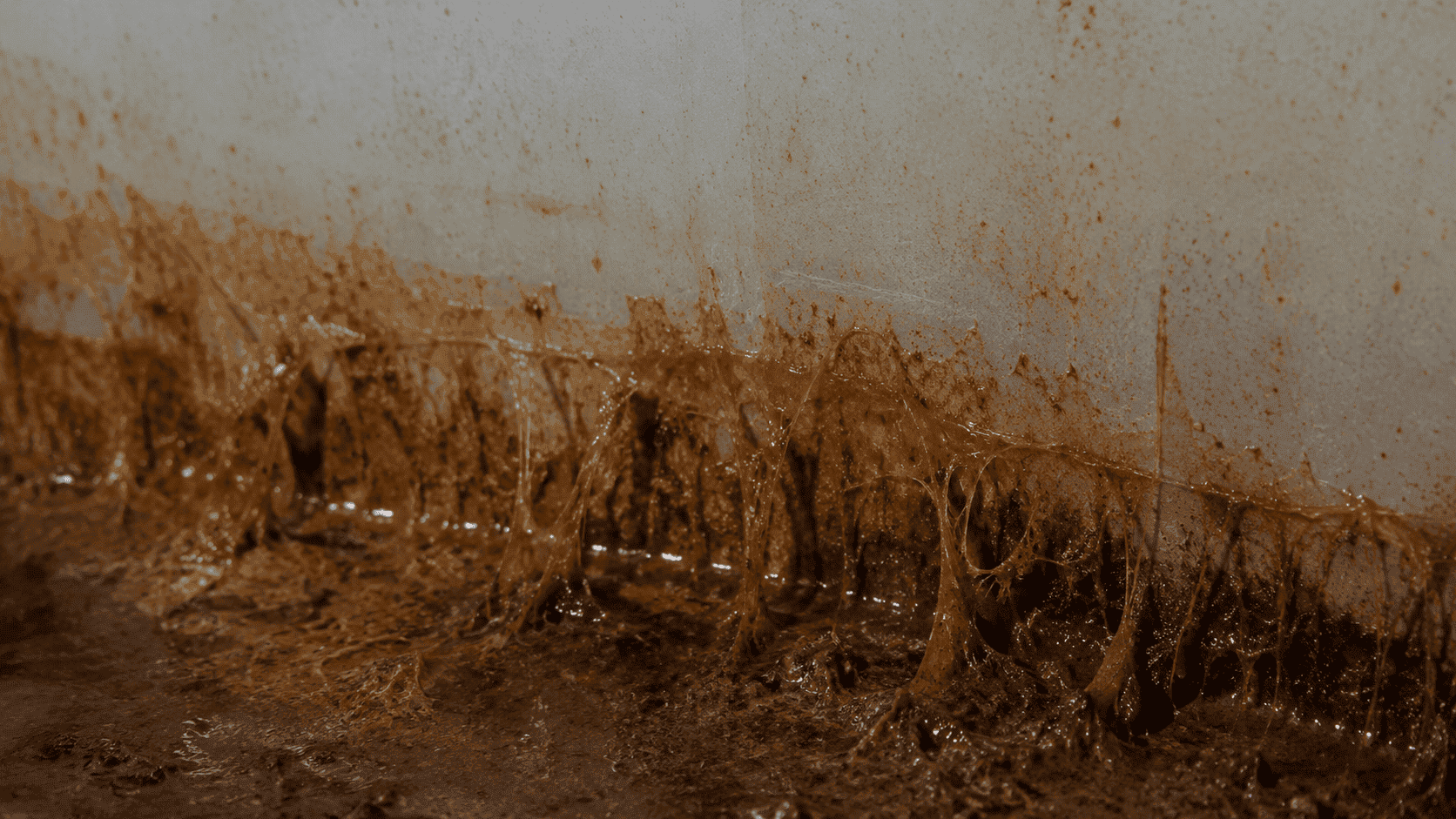 Orange-brown iron bacteria fouling on the internal wall of a bore-water supply tank
