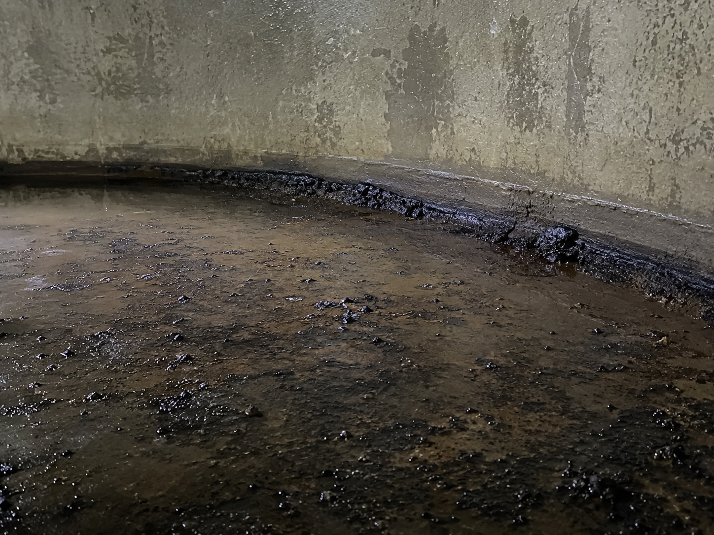 Black soft deposits settled on the floor of a potable water tank