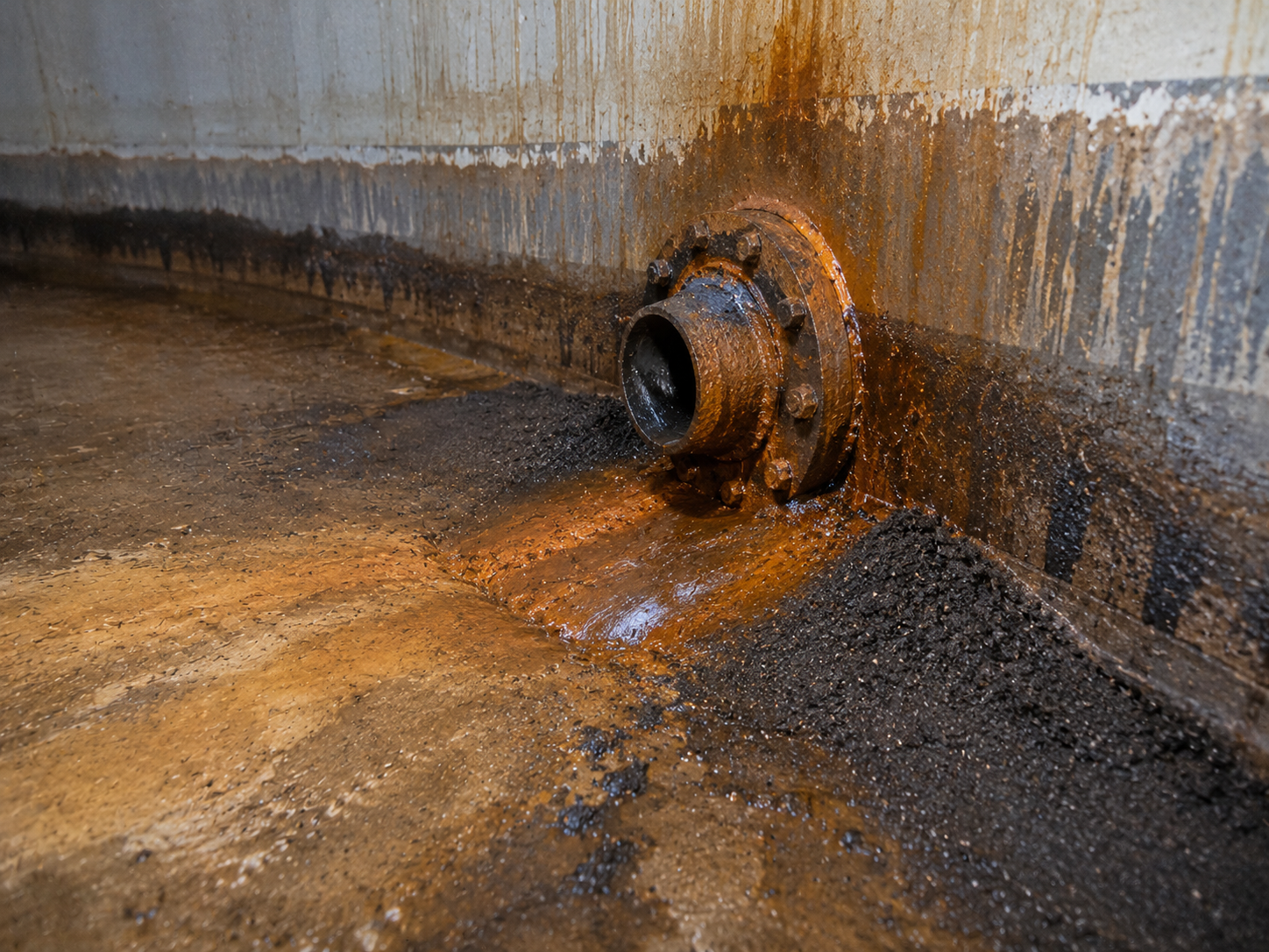 Corroded outlet zone inside a water storage tank with staining and deposit build-up