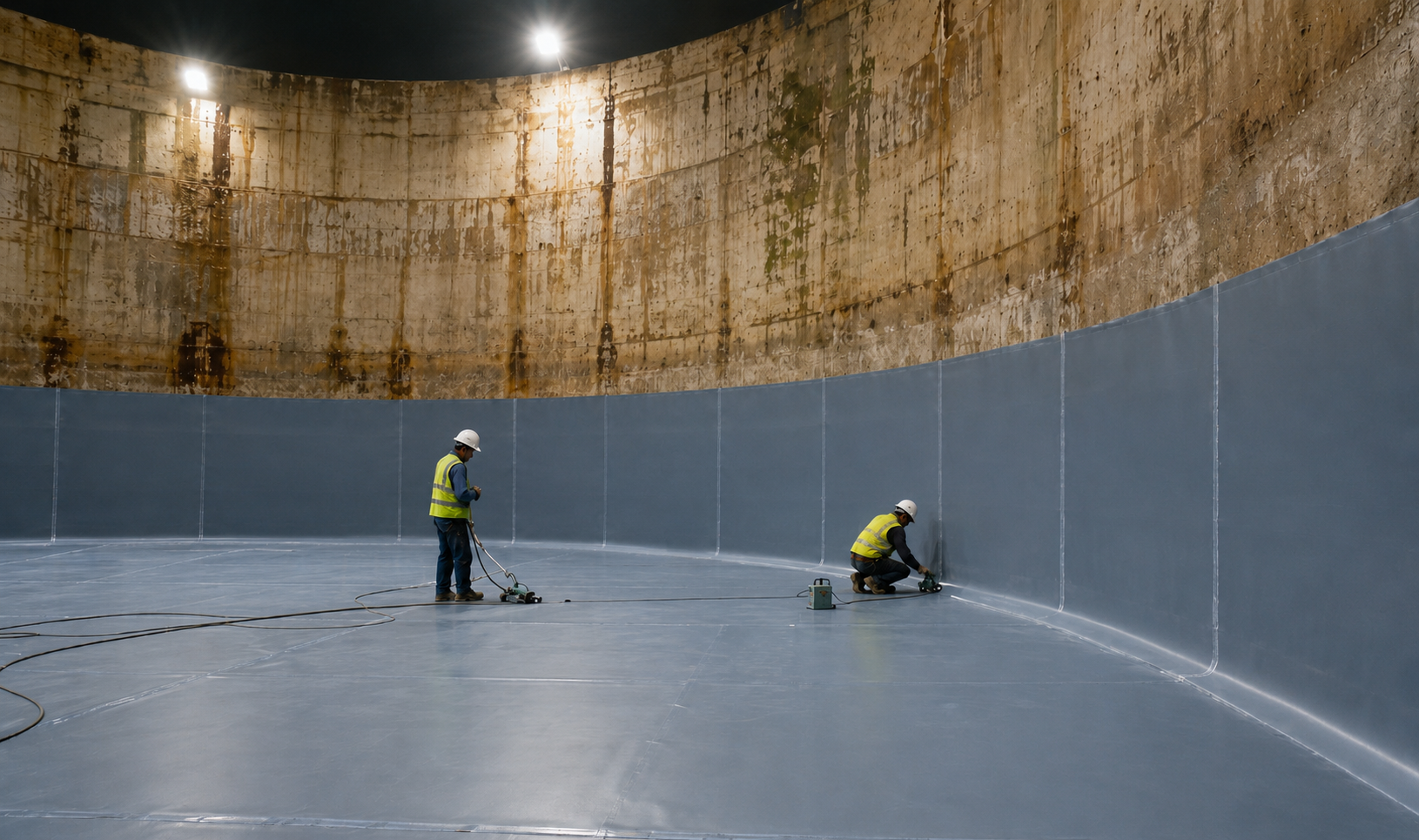 Completed RPVC liner installation inside a large concrete reservoir