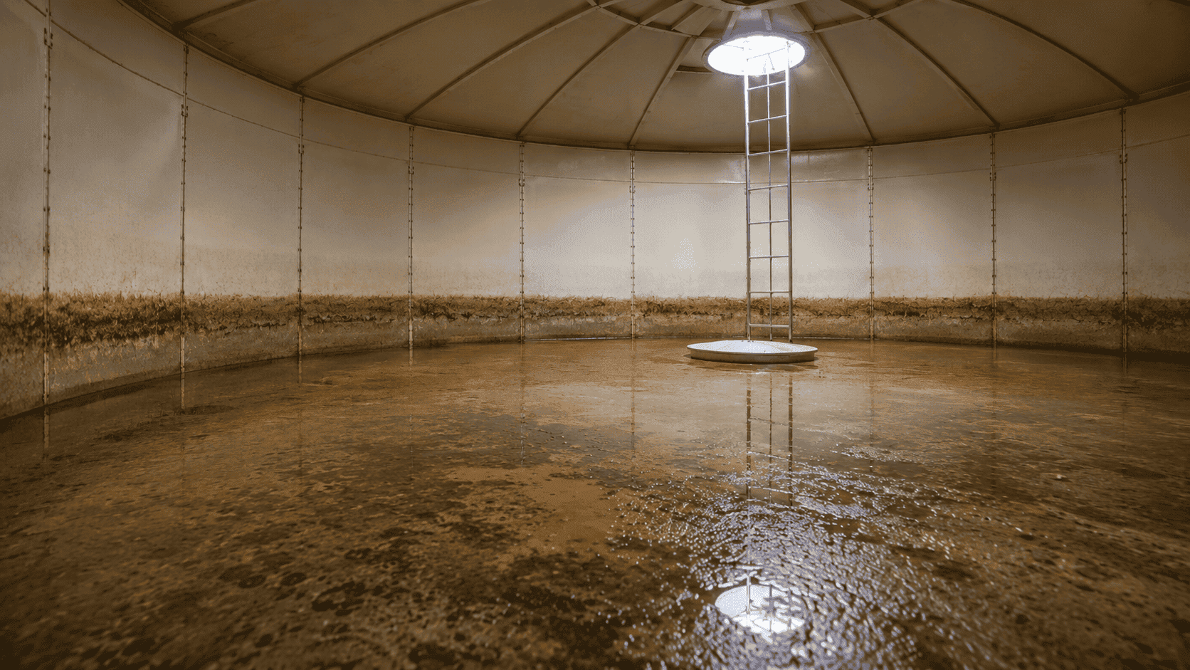 Interior of a GRP panel water tank showing sediment accumulation on the floor and lower walls