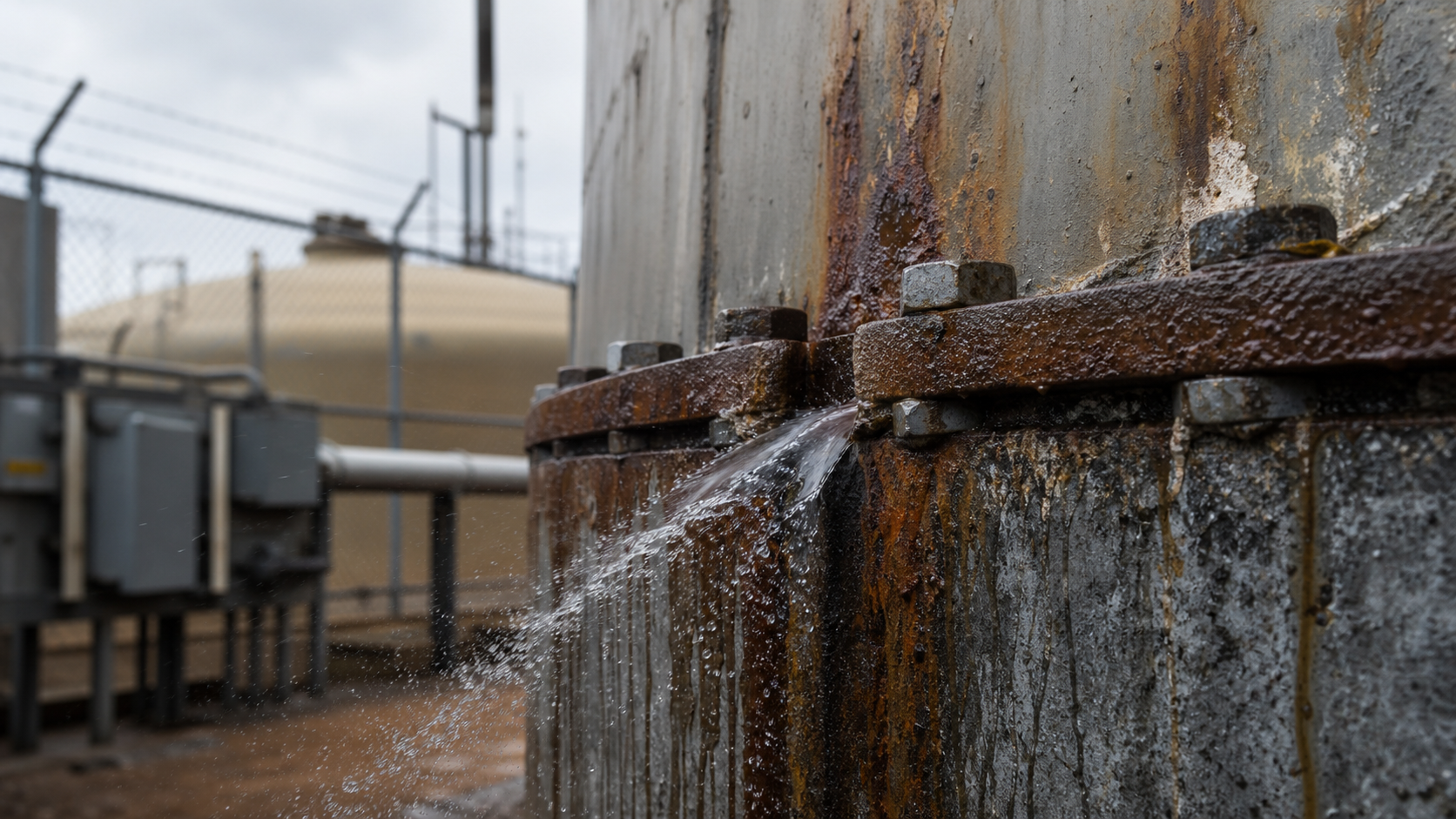 Close-up of corroded tank wall with visible leak point