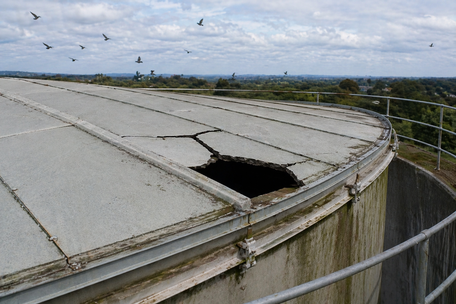 Damaged roof access hatch — common animal entry point for water storage tanks